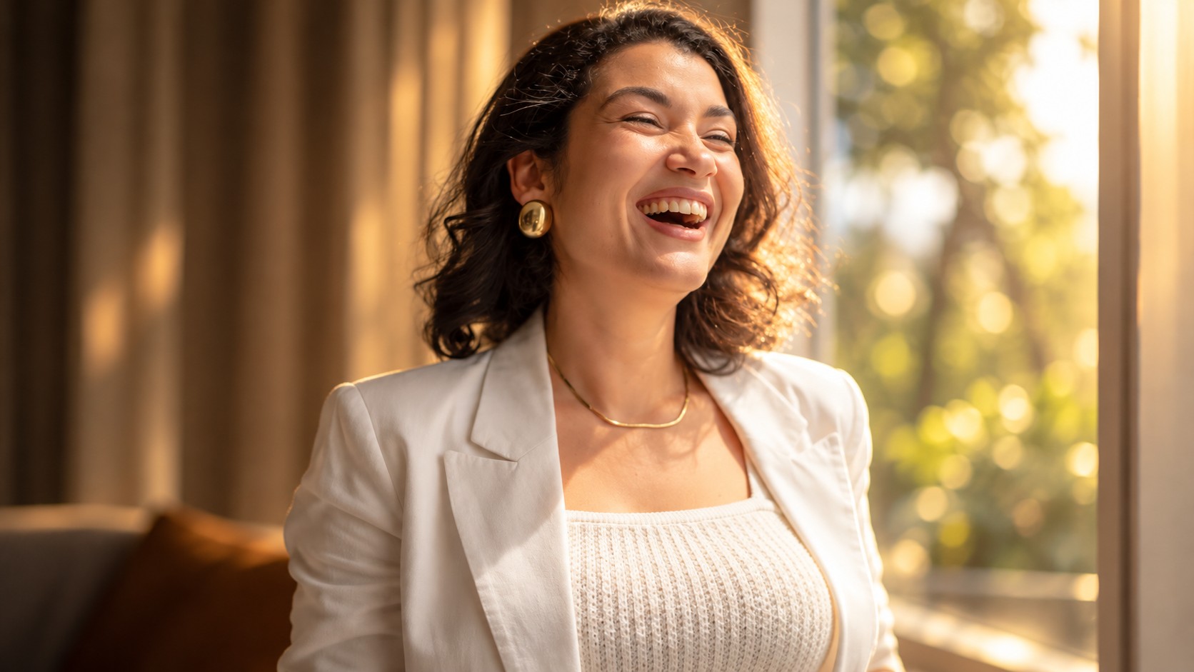 Gisele Dias rindo, de blazer branco, em um ambiente com luz natural