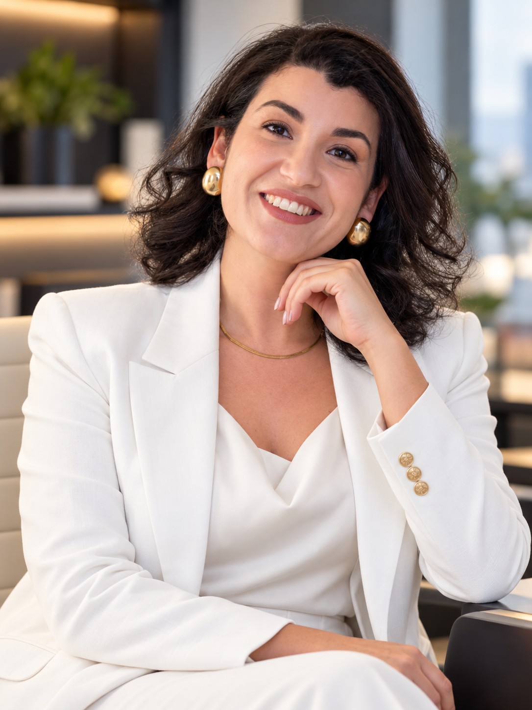 Retrato de Gisele Dias sorrindo, com blazer branco e brincos dourados